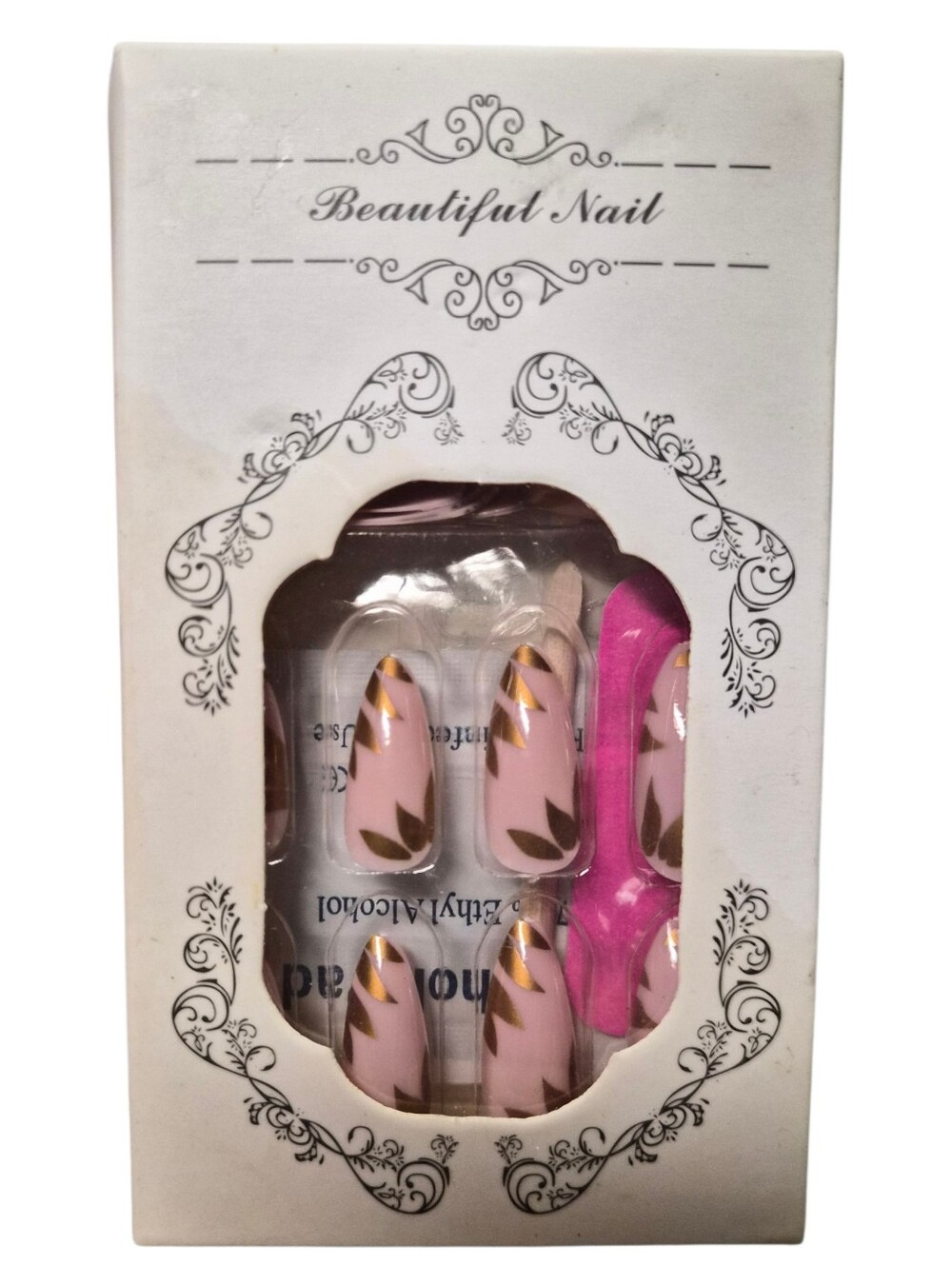 Pink Gold Foil Press On Nails Floral Leaf Design Artificial Nail Set